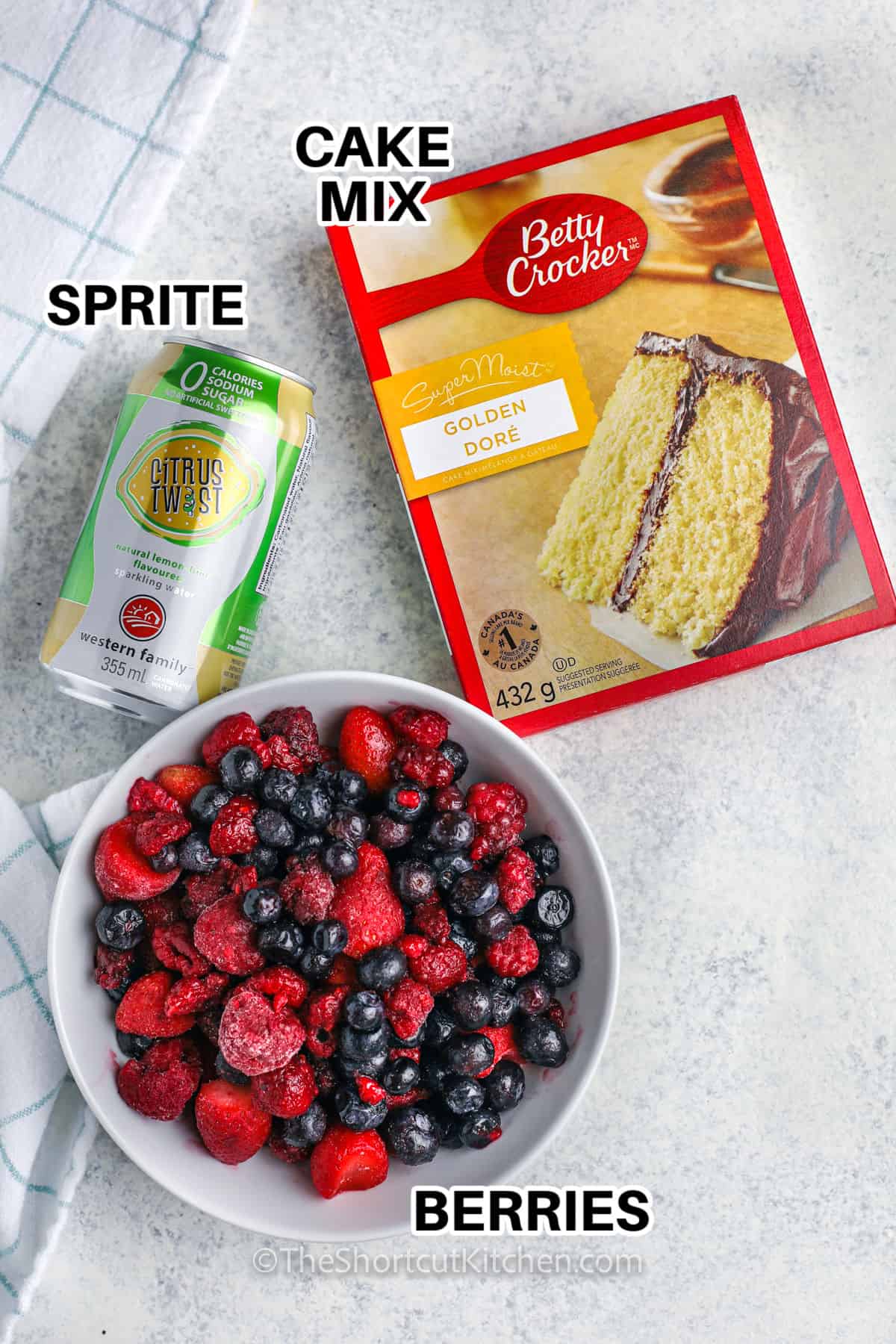 cake mix , sprite and berries with labels to make Mixed Berry Dump Cake