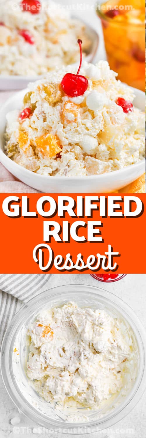 ingredients to make Glorified Rice mixed in a bowl and plated dish with a title
