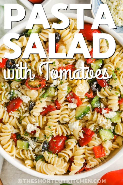 close up of Easy Pasta Salad with a title