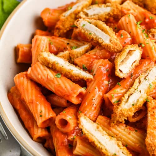 close up of Shortcut Creamy Tomato Pasta with Chicken in a dish