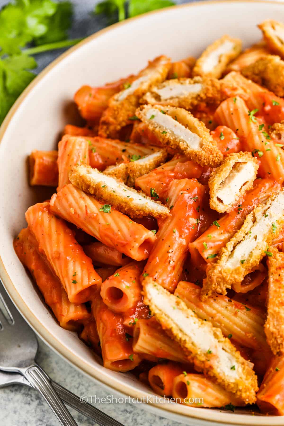 close up of Shortcut Creamy Tomato Pasta with Chicken in a dish