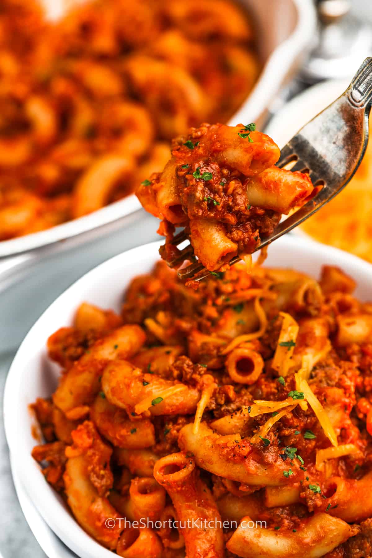 Homemade Beefaroni Recipe on a fork