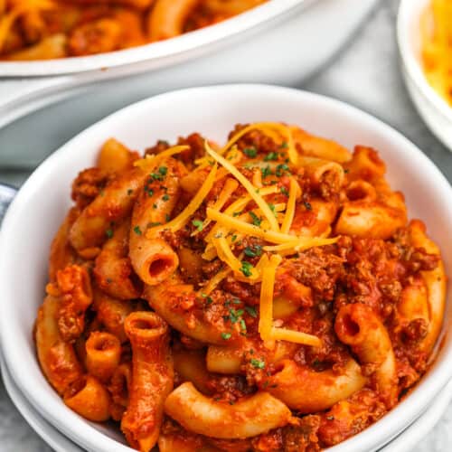 bowl of Homemade Beefaroni Recipe with cheese