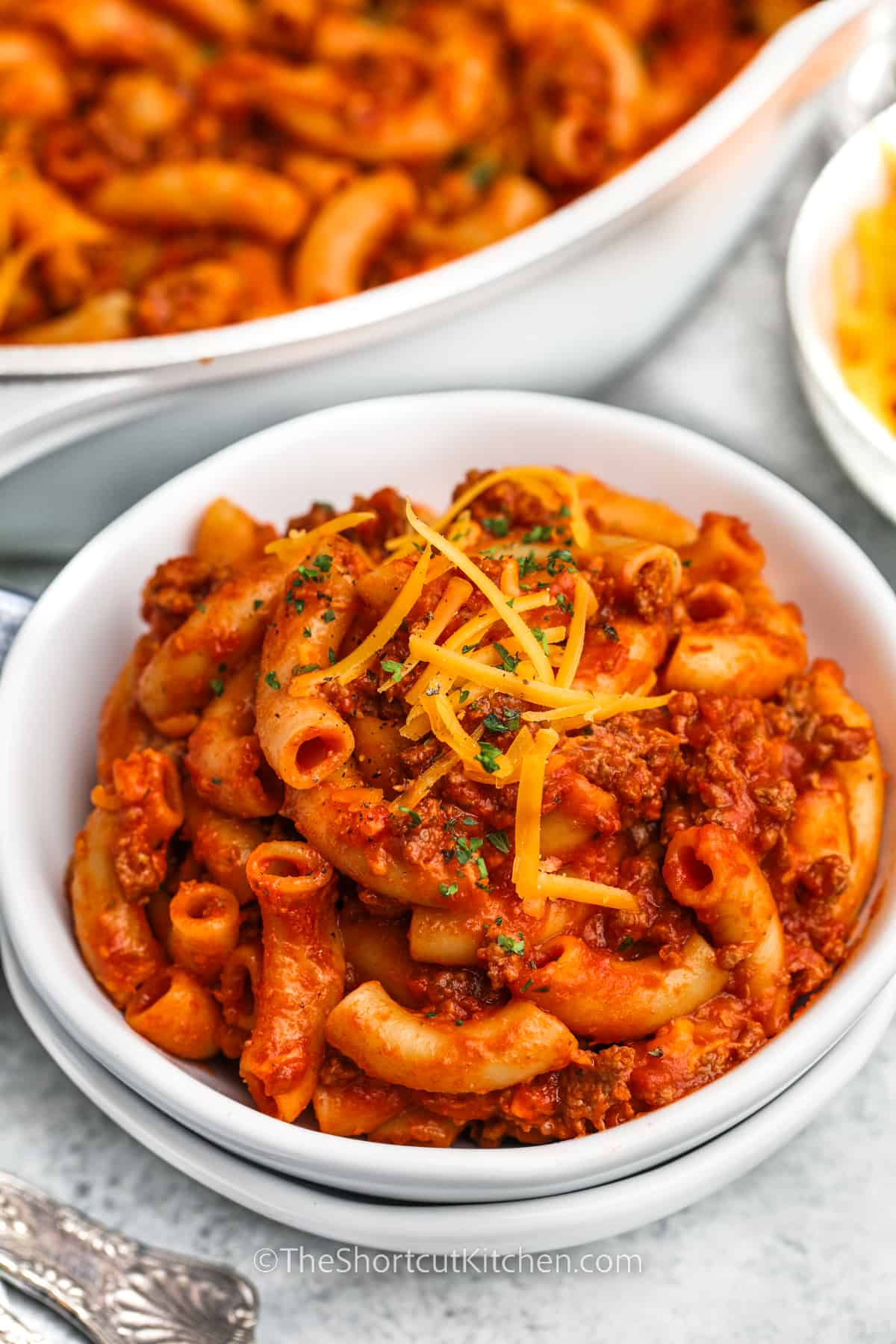 bowl of Homemade Beefaroni Recipe with cheese