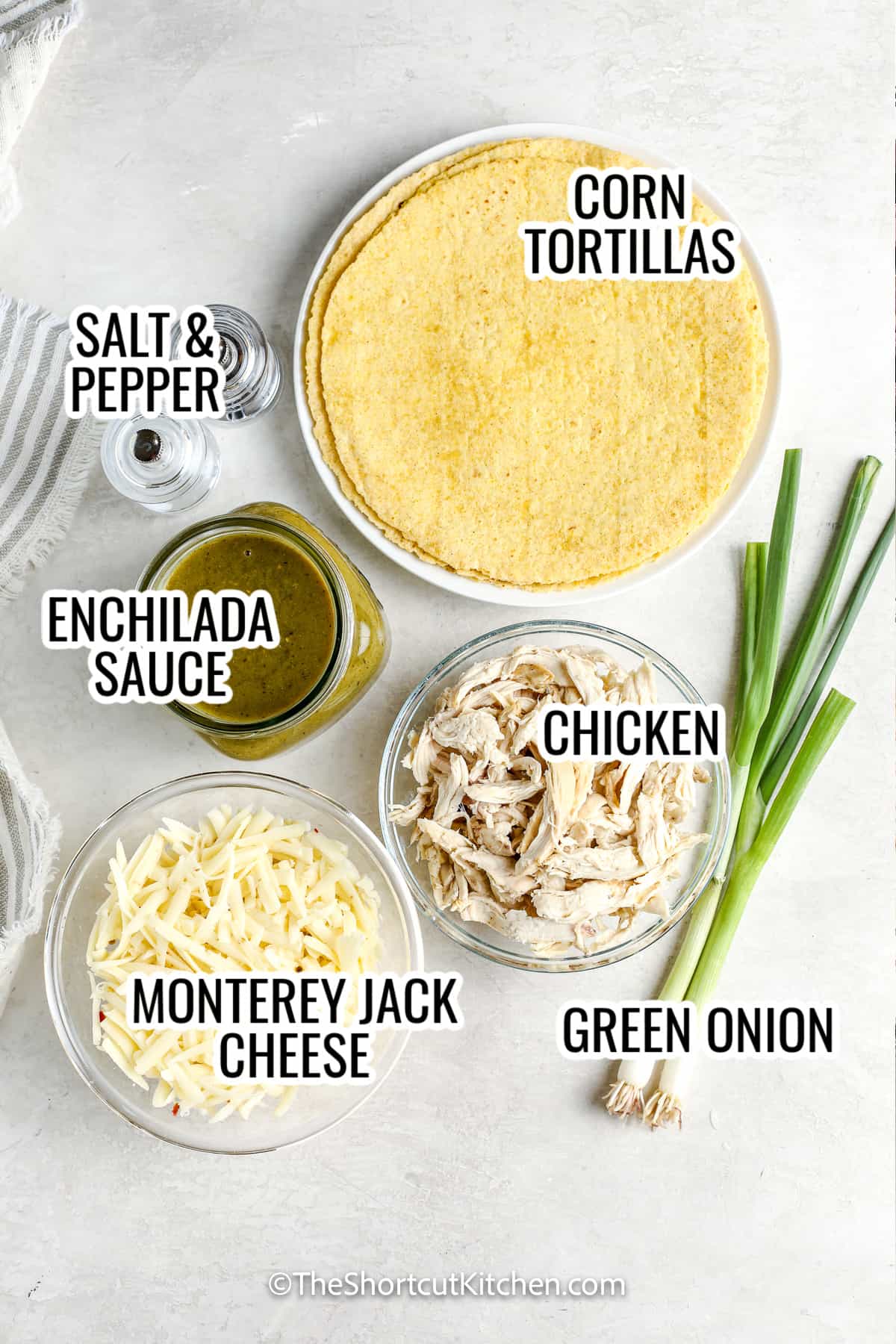 ingredients assembled to make easy chicken enchiladas including corn tortillas, chicken, enchilada sauce, cheese, and green onion