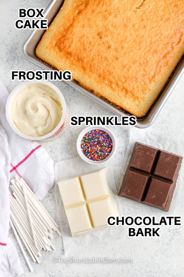 box cake , frosting , sprinkles , chocolate bark with labels to make Easy Cake Pop Recipe