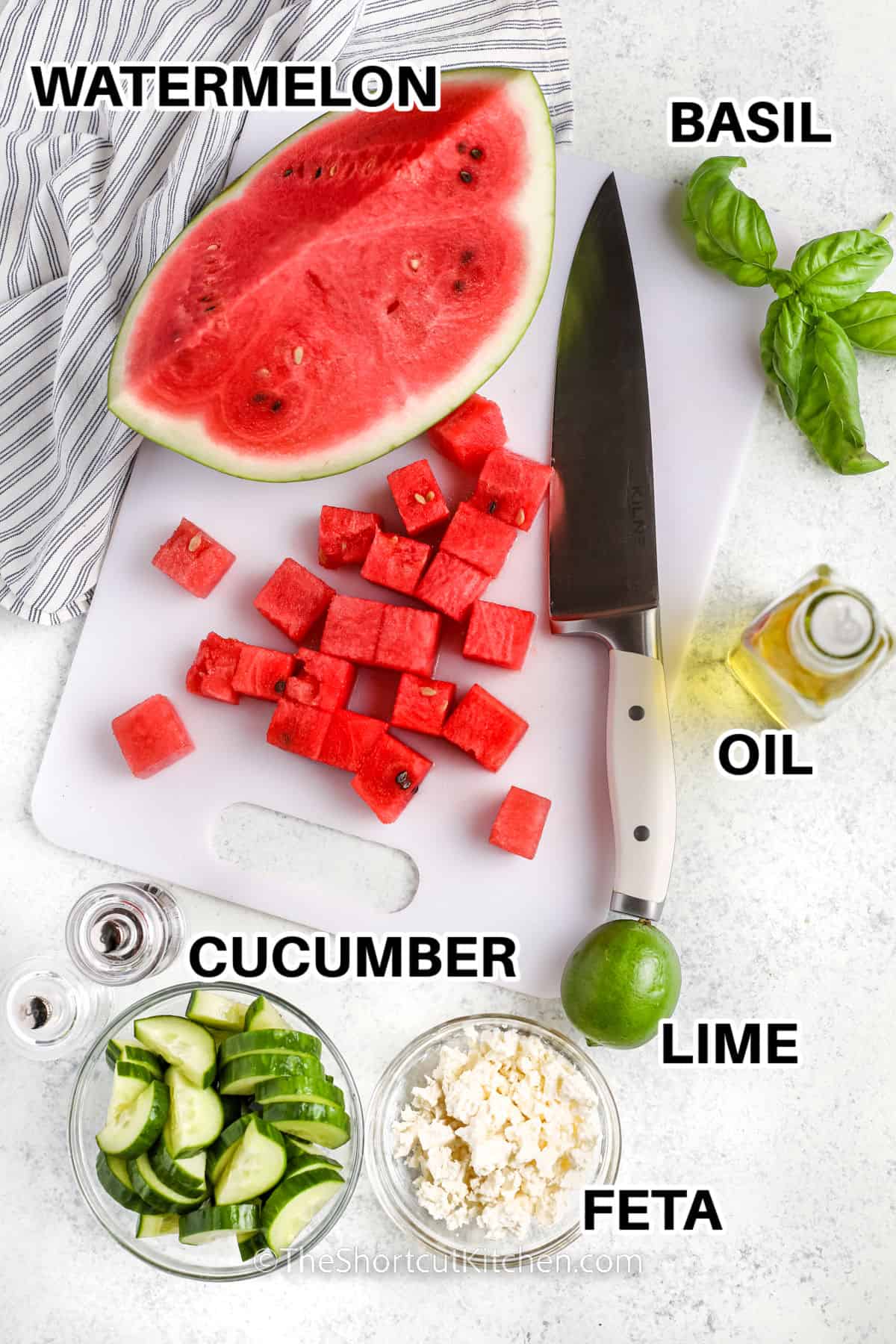 watermelon , basil , oil , lime , cucumber and feta with labels to make Watermelon Cucumber Salad