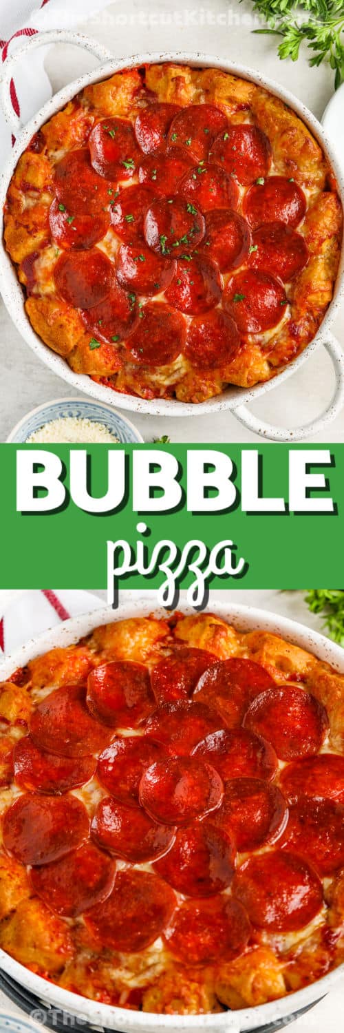 Cheesy Bubble Pizza Recipe baked in the dish and close up with a title