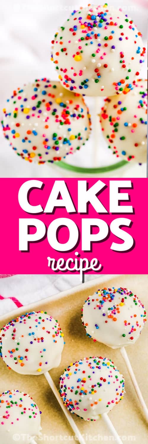 Easy Cake Pop Recipe on a plate and close up photo with a title