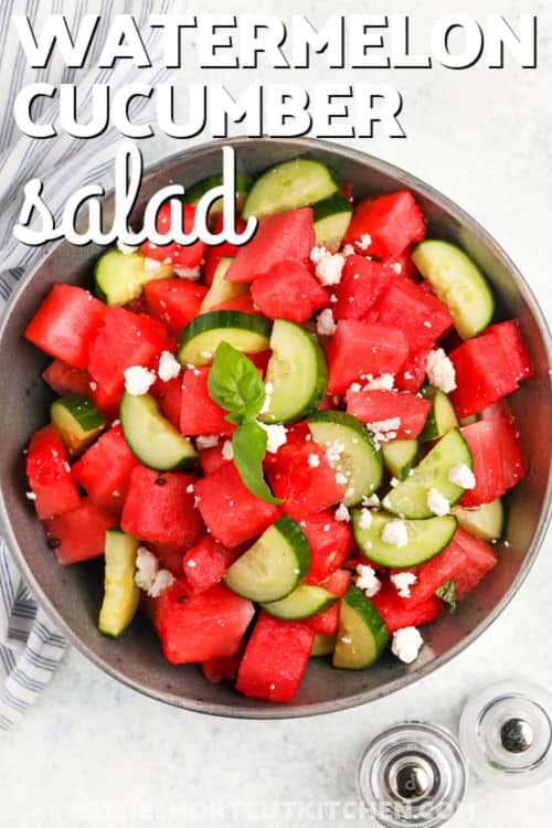 plated Watermelon Cucumber Salad with a title