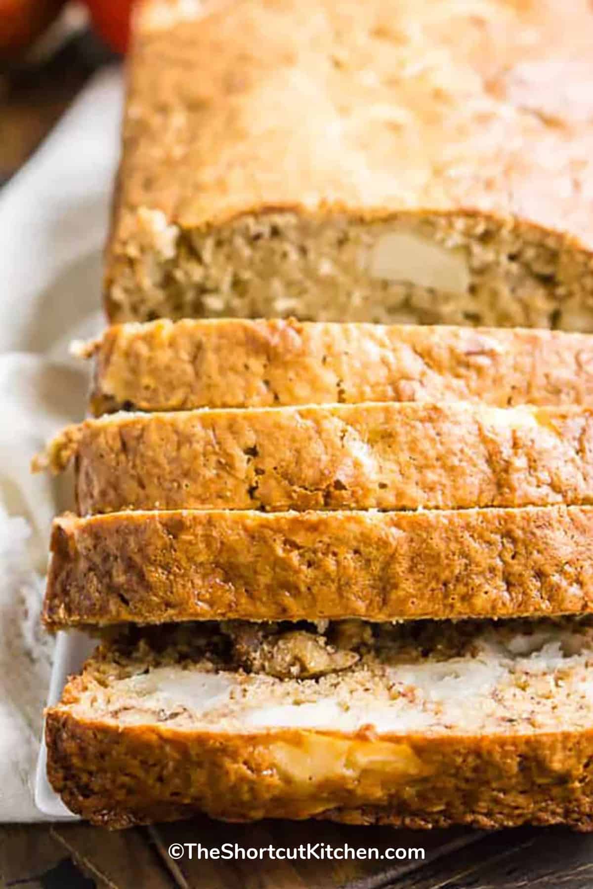 close up of sliced apple banana bread