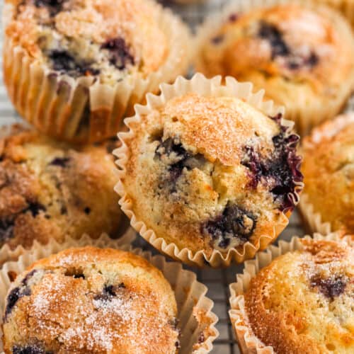 Easy Blueberry Muffins baked on a cooling rack