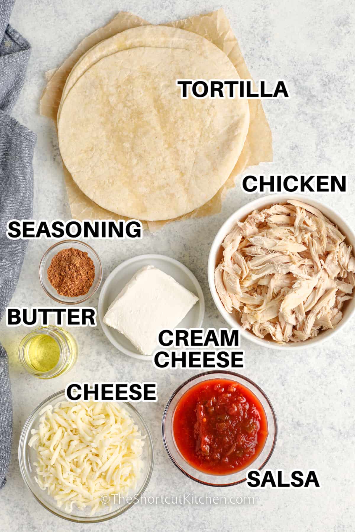 tortilla , seasoning , chicken , melted butter , cream cheese , chicken , salsa , cheese with labels to show how to make Chicken Taquitos