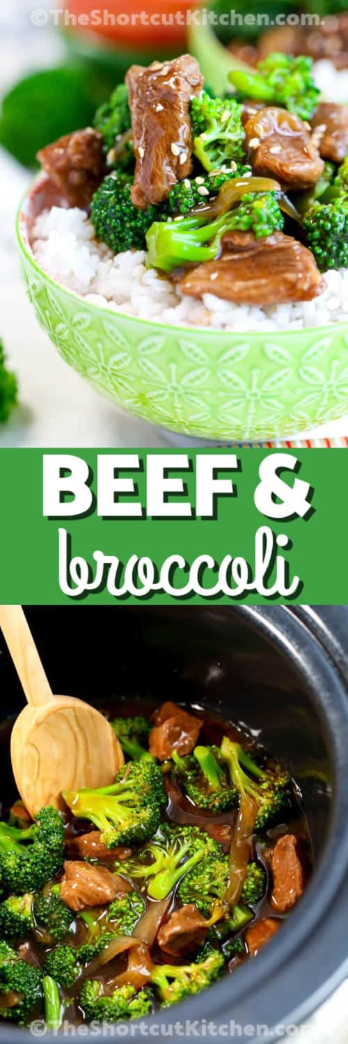 Top image - a bowl of rice topped with crockpot beef and broccoli. Bottom image - beef and broccoli being cooked in a crockpot with text