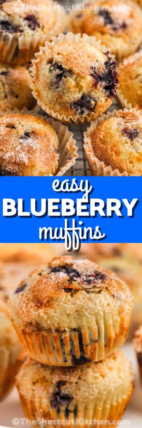 Easy Blueberry Muffins on a cooling rack and plated with a title