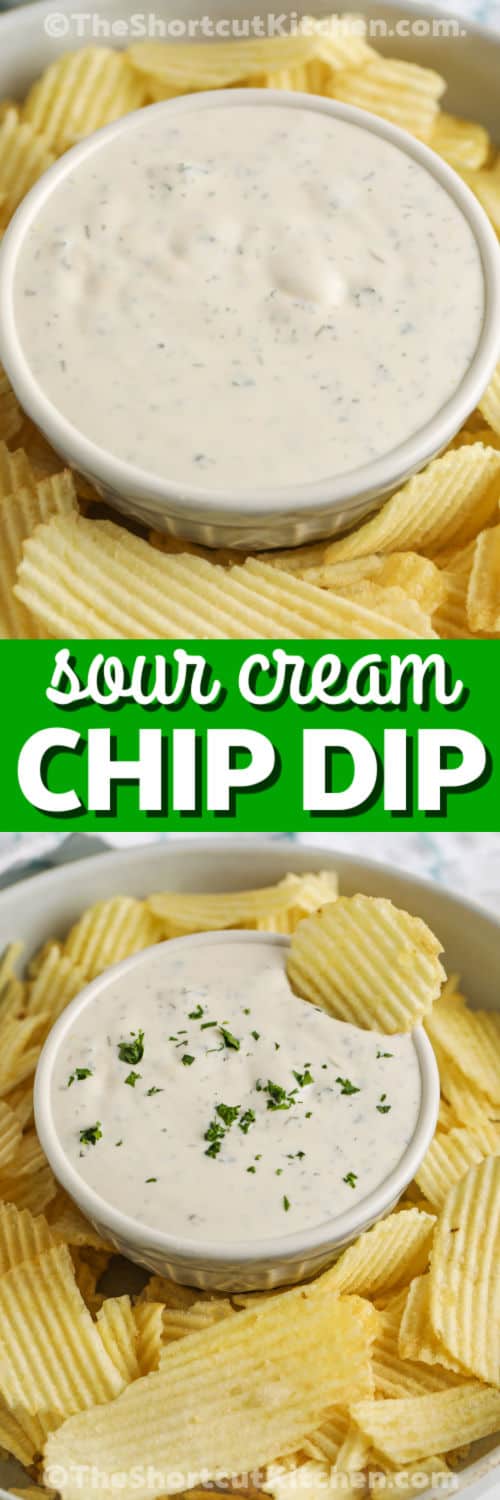 plated Homemade Chip Dip with chips and a photo with a chip and garnish in dip and a title