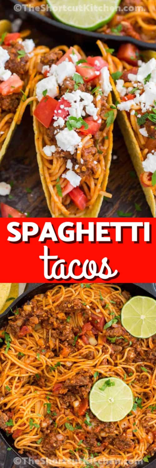 Spaghetti Taco in the pan and plated with writing