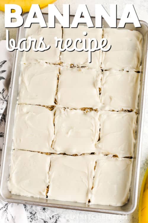sliced Banana Bars in the pan with writing