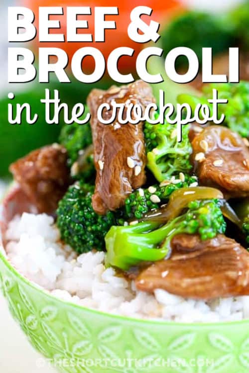 a bowl of rice topped with beef and broccoli with text