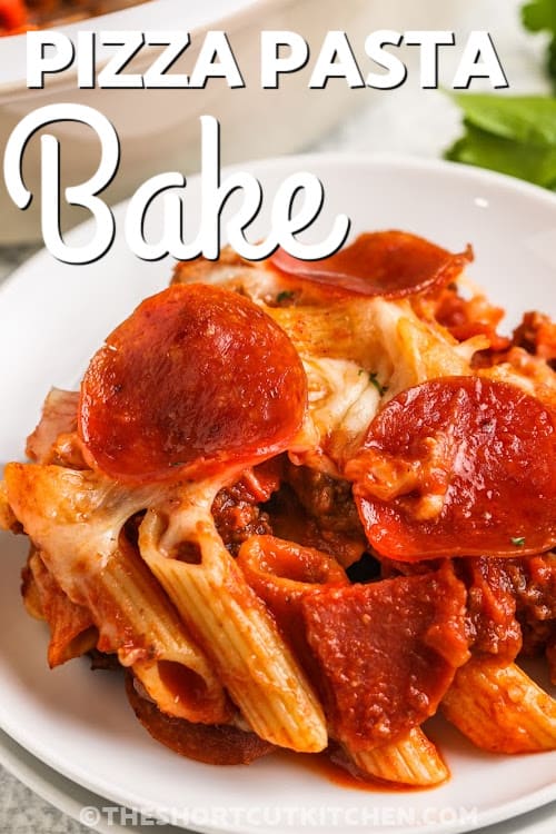 A serving of pizza pasta bake with text