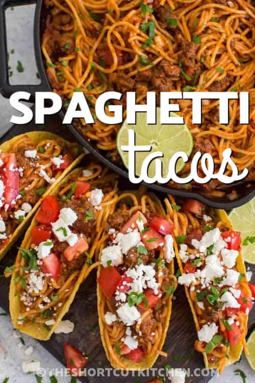 Spaghetti Taco in the pan and in crispy shells with a title