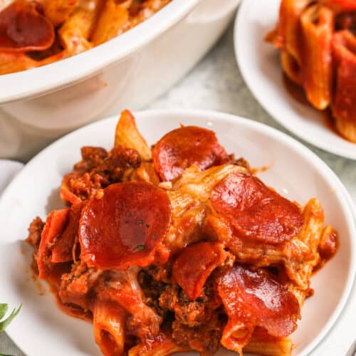 a plate with a serving of pizza pasta bake