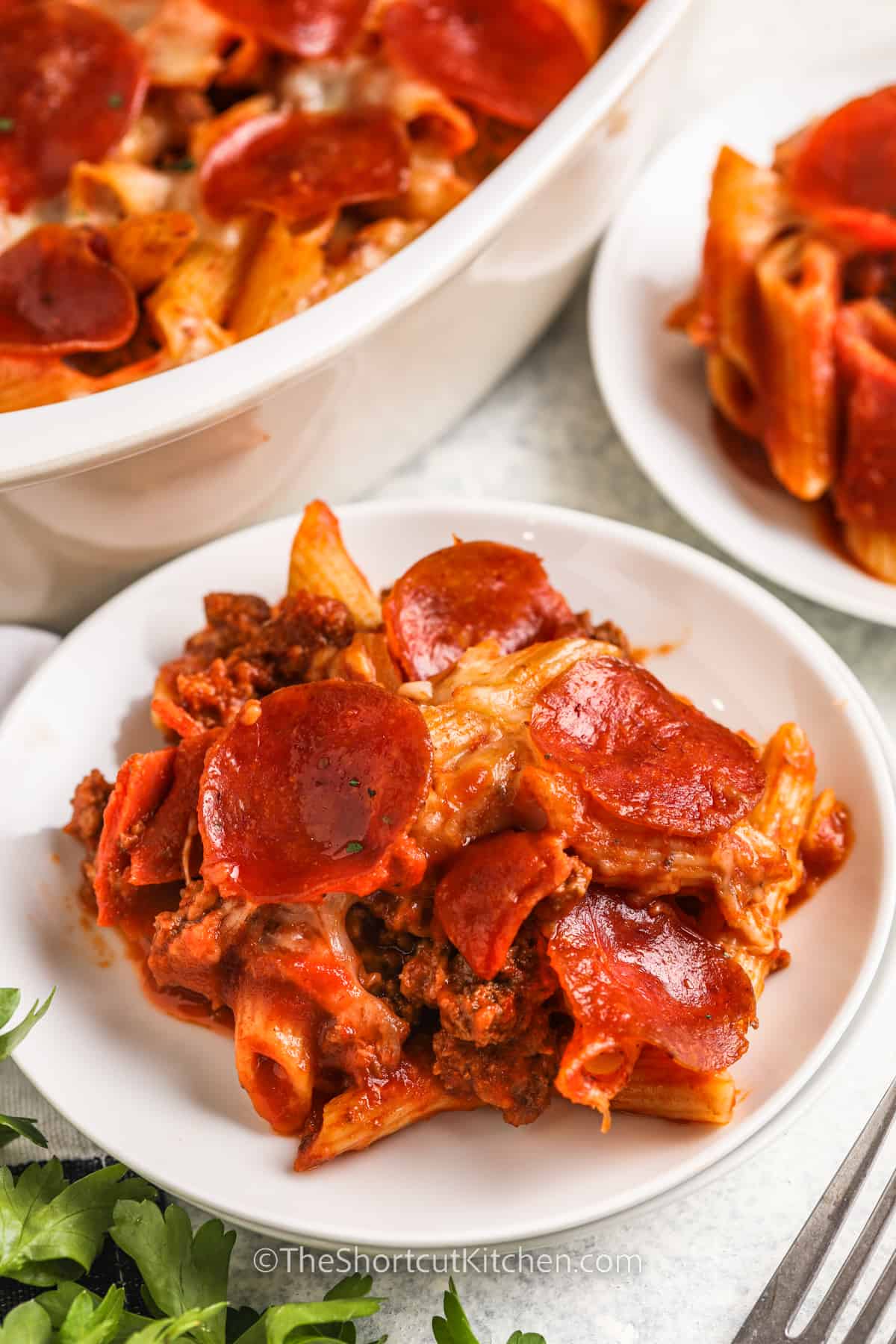 a plate with a serving of pizza pasta bake