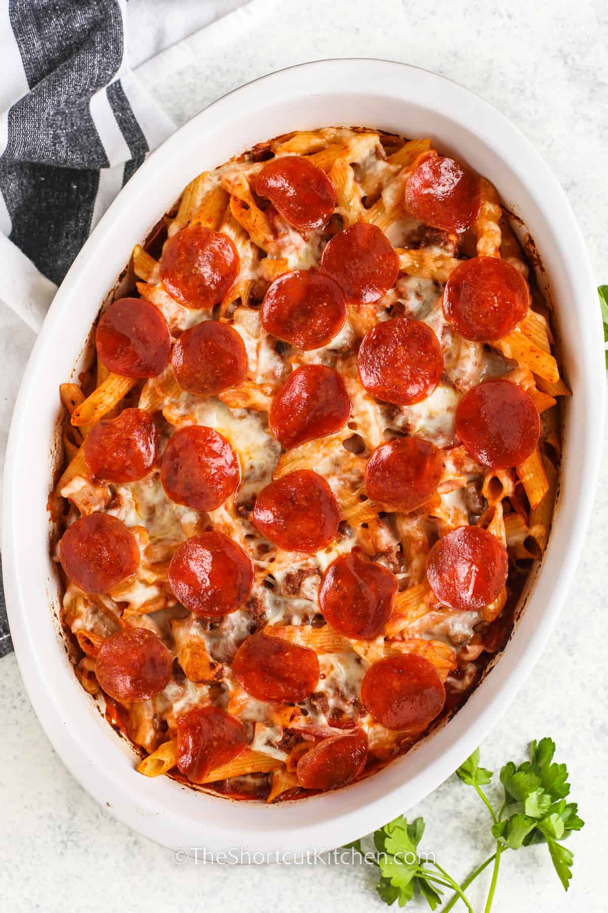 Baked pizza pasta bake in a casserole dish