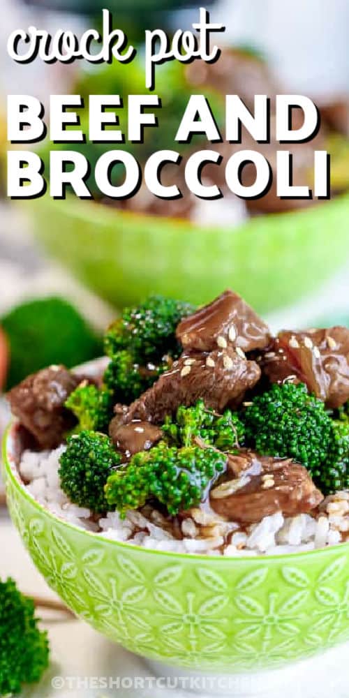 crockpot beef and broccoli served on rice with text