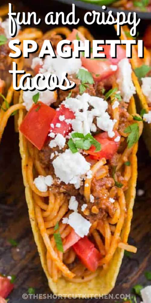 close up of Spaghetti Taco with chese and a title