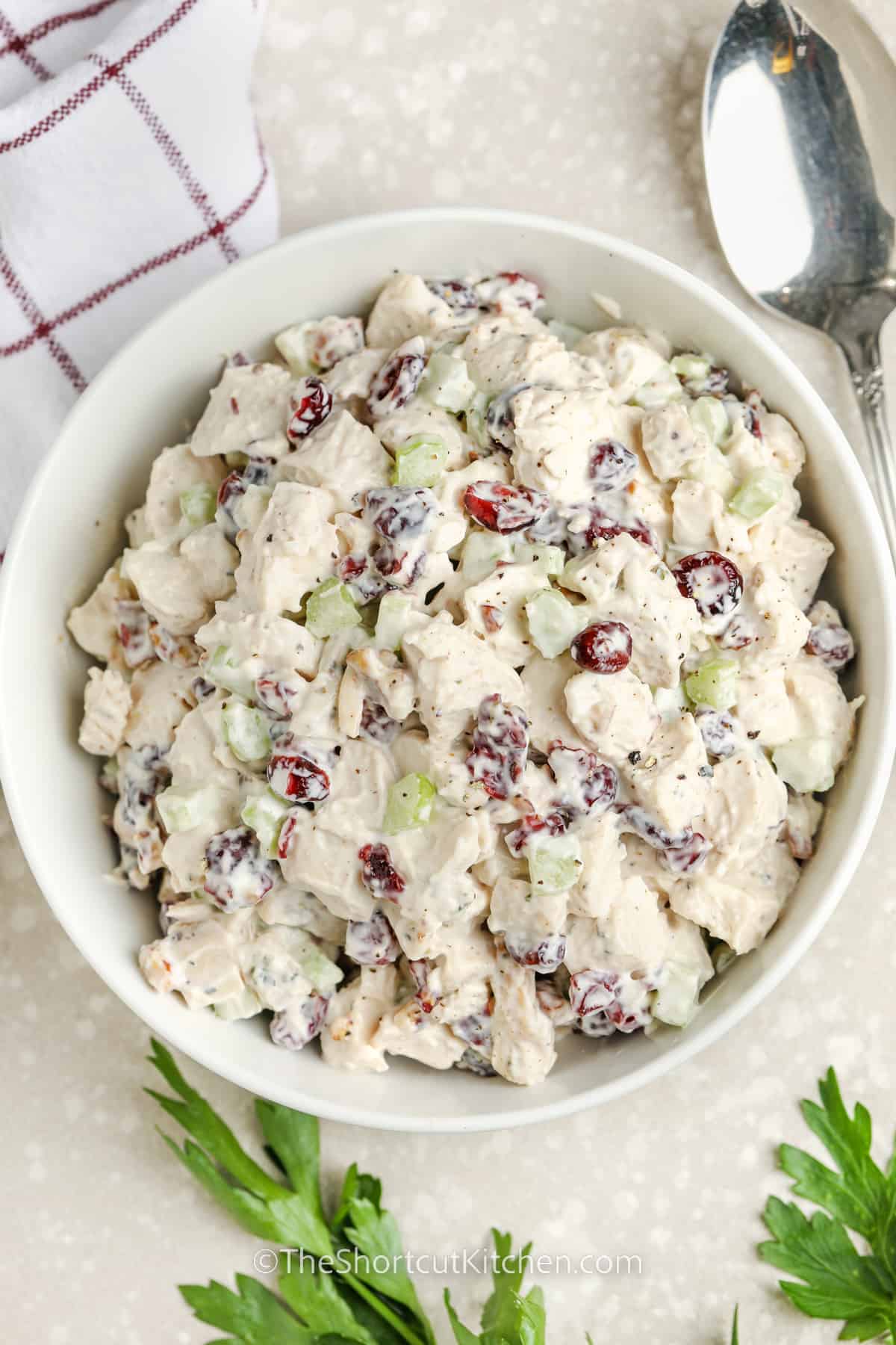 prepared cranberry chicken salad in a serving dish