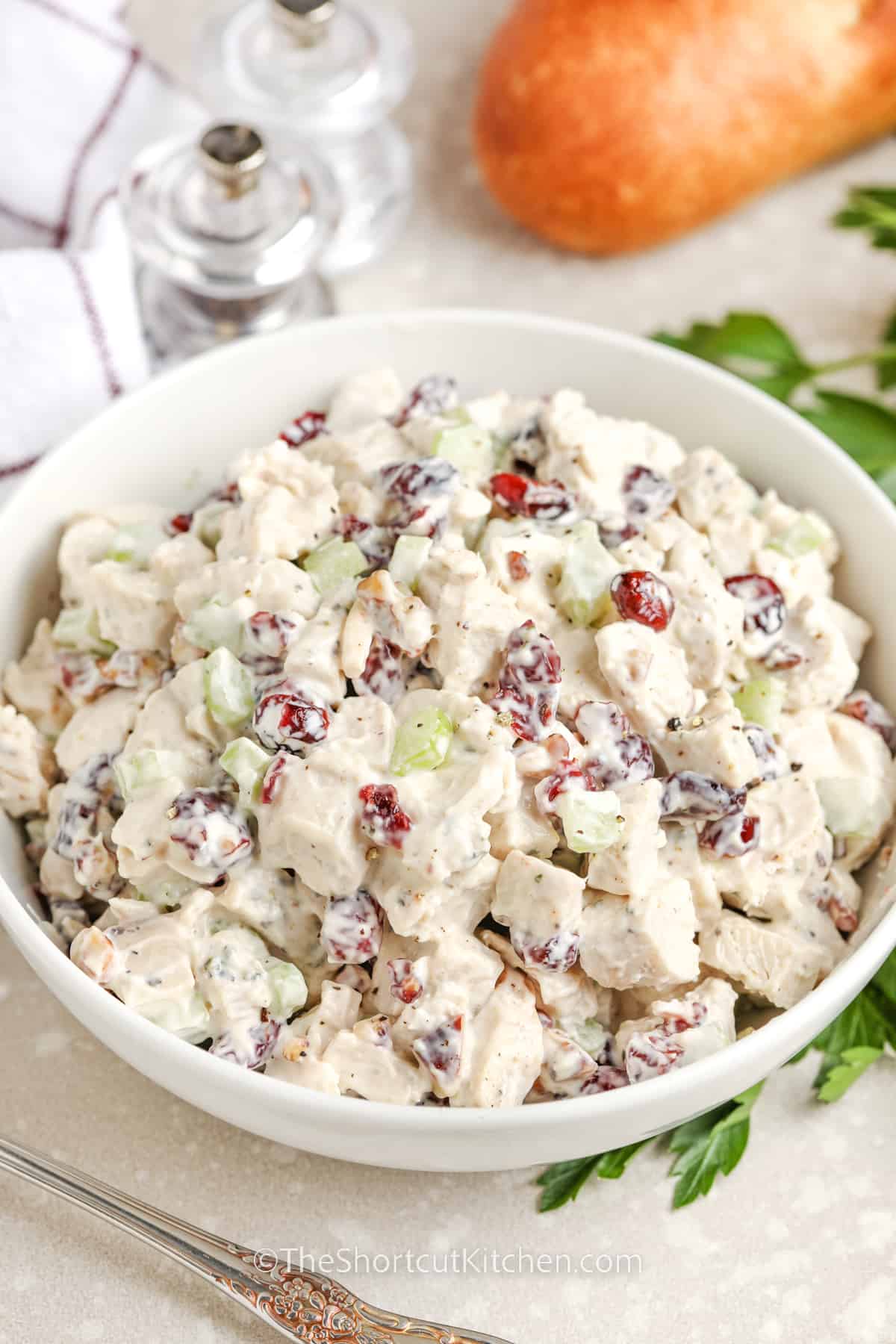 cranberry chicken salad prepared in a bowl