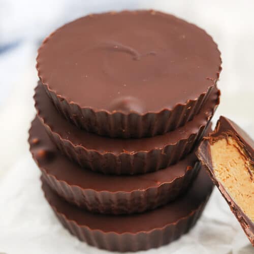 Four homemade peanut butter cups stacked