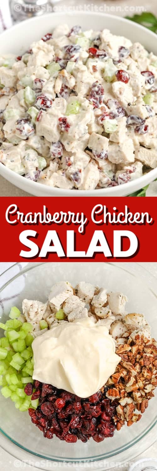 Top image - cranberry chicken salad. Bottom image - cranberry chicken salad ingredients in a bowl with text