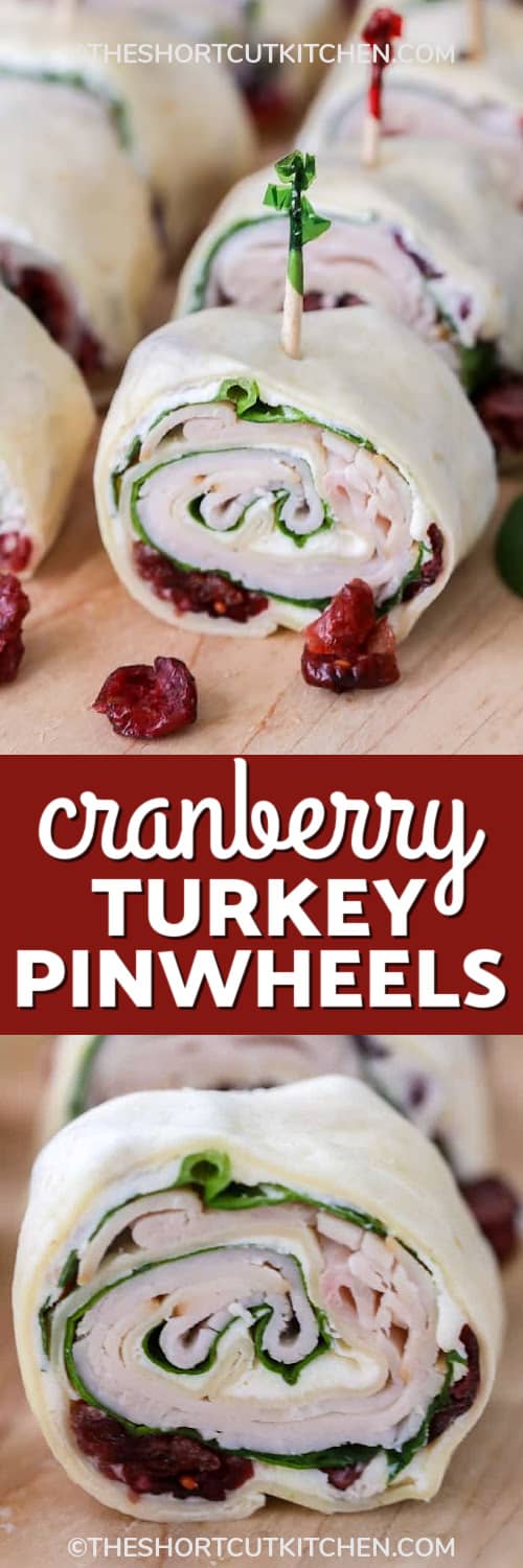 cranberry turkey pinwheels with festive toothpicks inserted in each, and a cranberry turkey pinwheel under the title