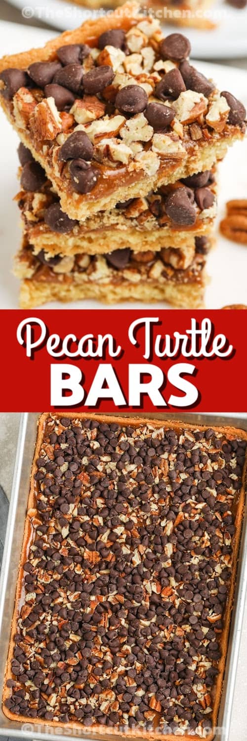 Top image - a stack of three turtle bars. Bottom image - turtle bars prepared in a baking sheet with text