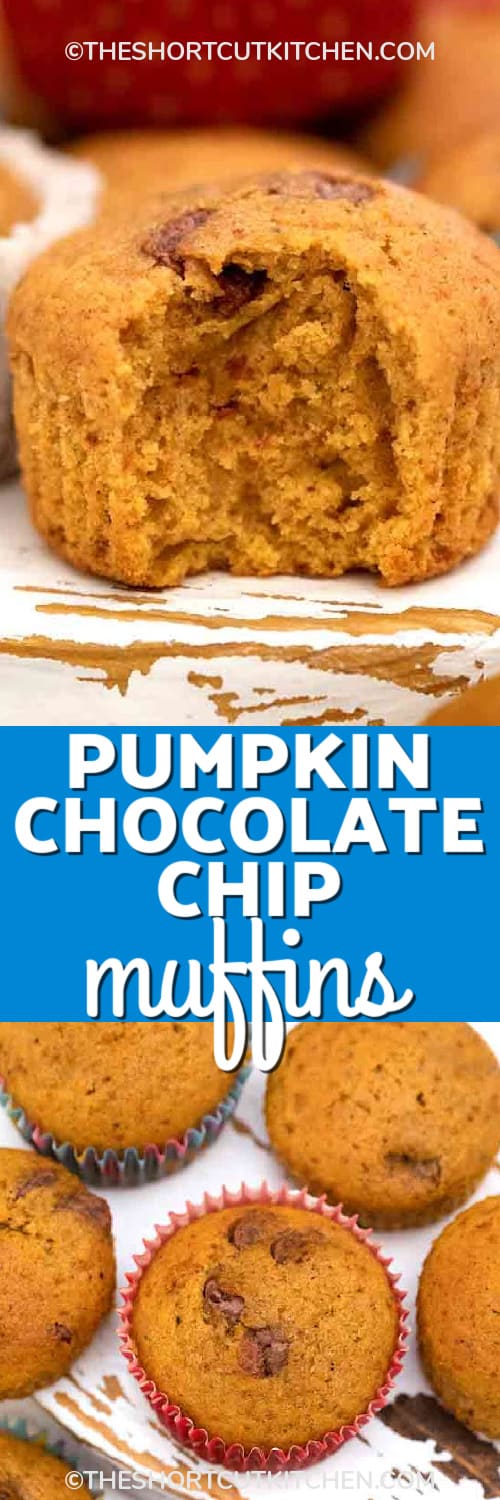 a single pumpkin chocolate chip muffin sitting on a wooden board, and muffins scattered on a board under the title