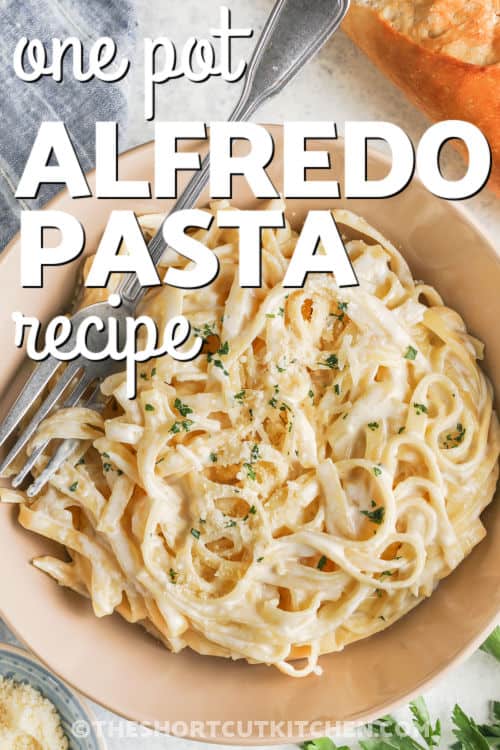 A serving of fettuccine alfredo in a bowl with text