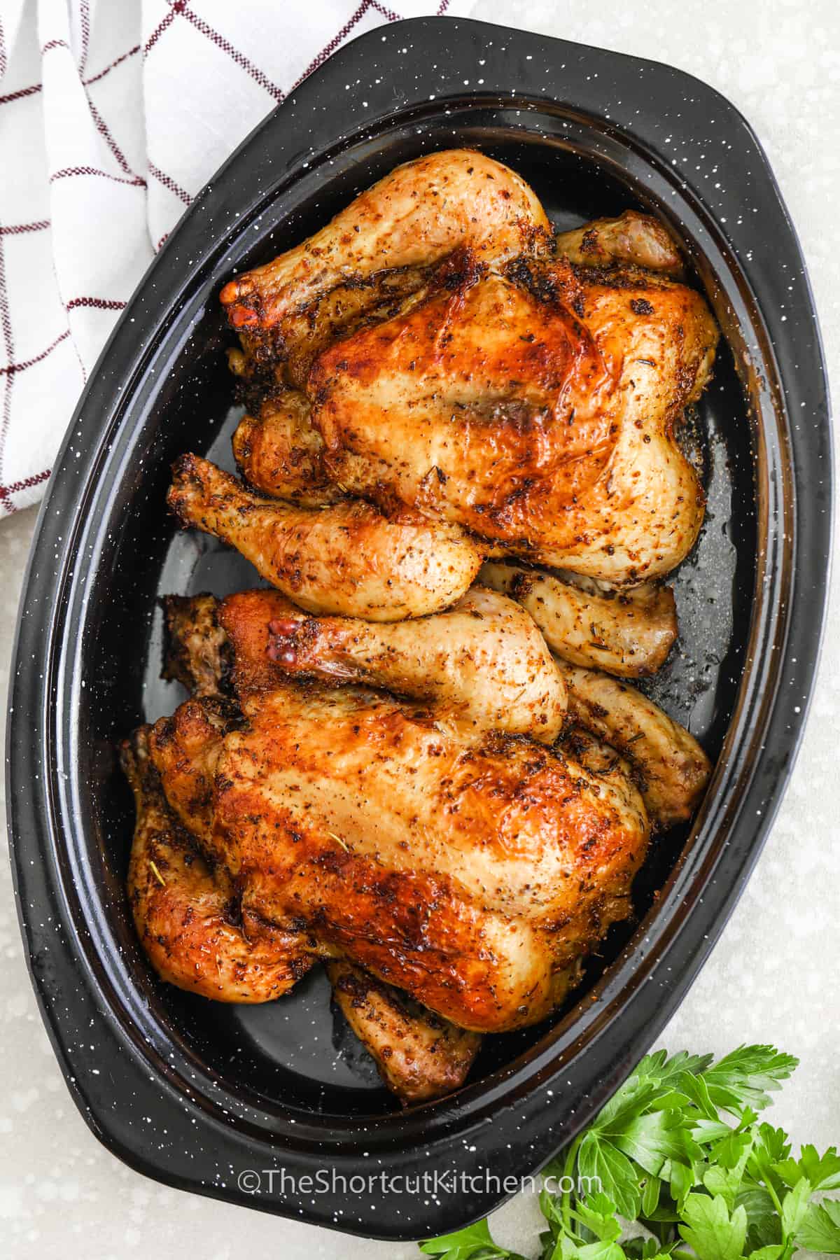 Baked Cornish Hen in a roasting pan