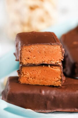 close up of homemade butterfinger cut in half