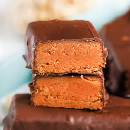 close up of homemade butterfinger cut in half