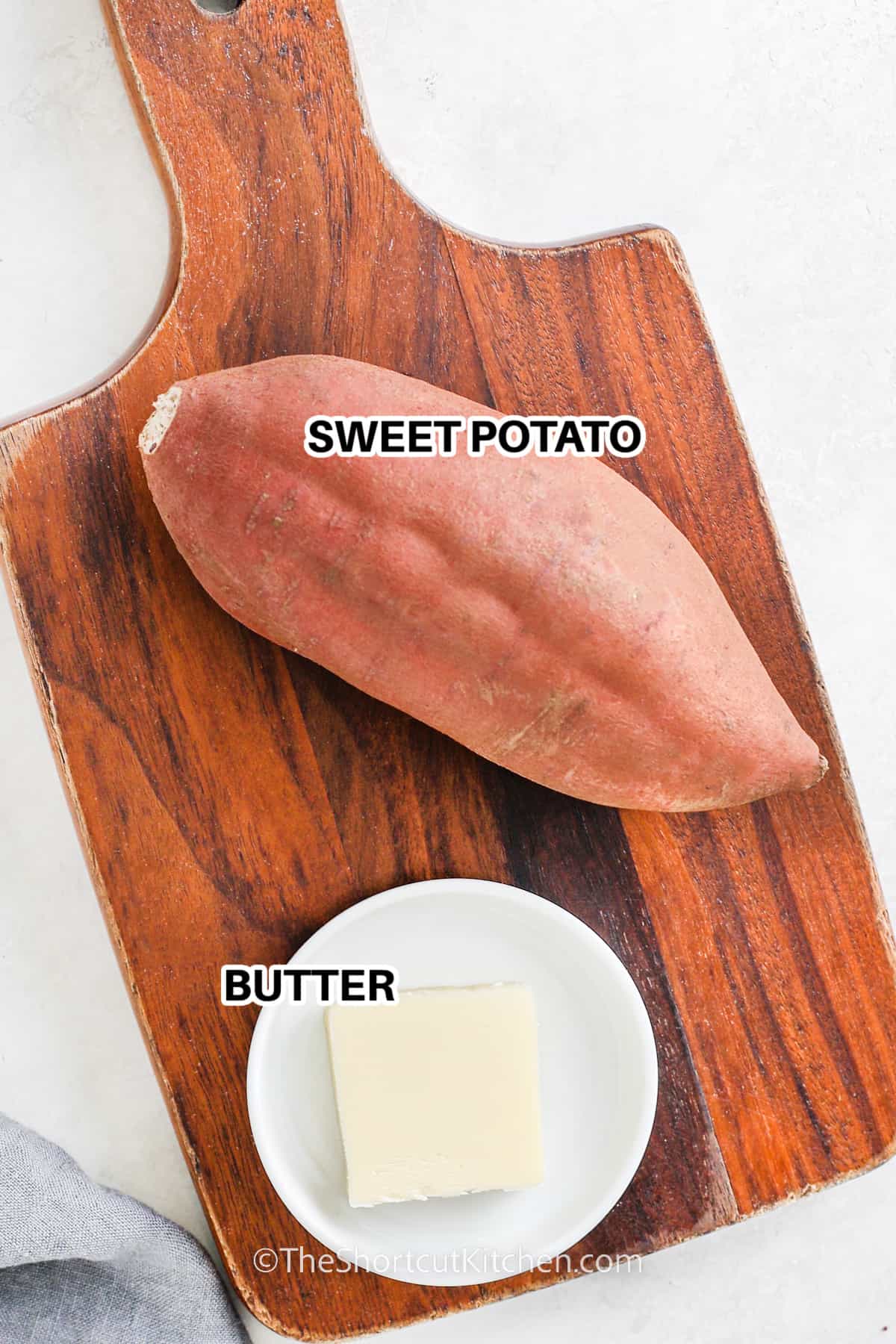ingredients to make microwave sweet potatoes including sweet potatoes and butter
