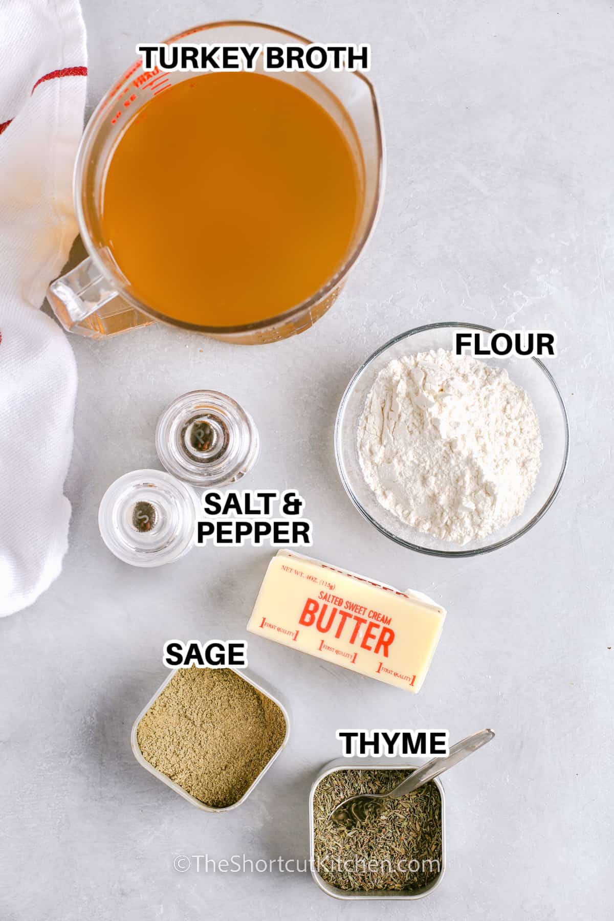 ingredients to make turkey gravy without drippings including turkey broth, butter, flour, salt & pepper, sage, & thyme