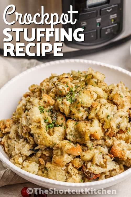 A bowl of crockpot stuffing with text