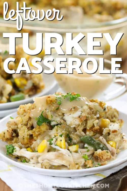 A serving of leftover turkey casserole on a plate with a title