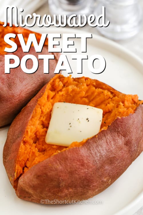 microwave sweet potato on a plate with writing