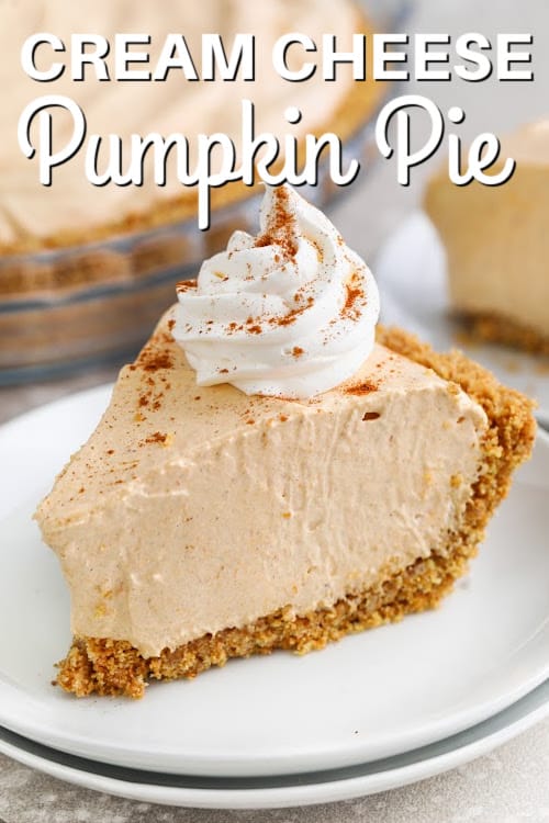 A slice of No Bake Pumpkin Pie with whipped cream on top with a title