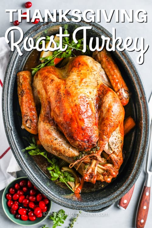Roast Turkey in a roasting pan with a title