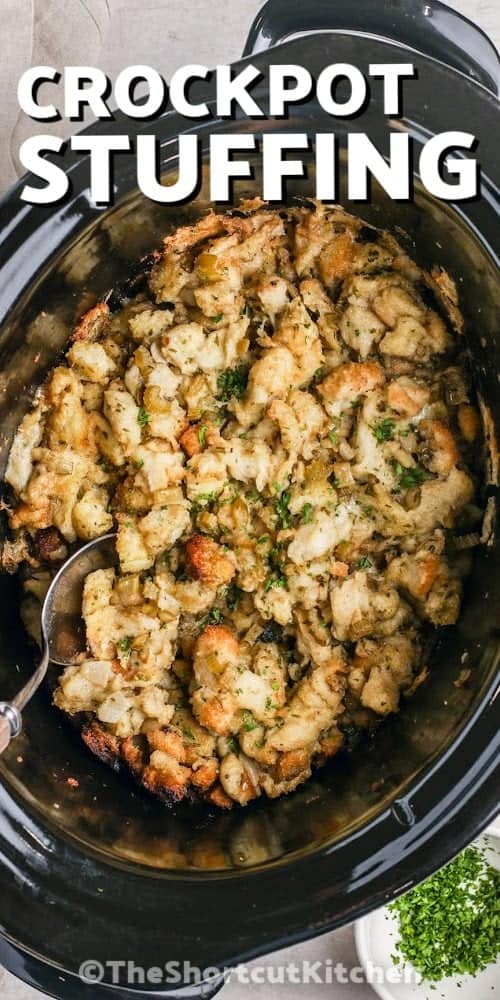 Stuffing prepared in a crockpot with text