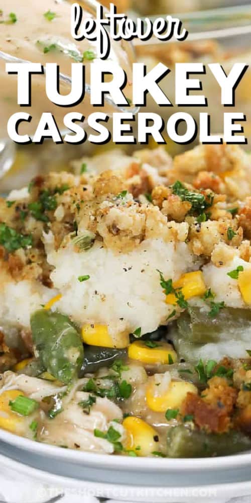 A serving of leftover turkey casserole with text